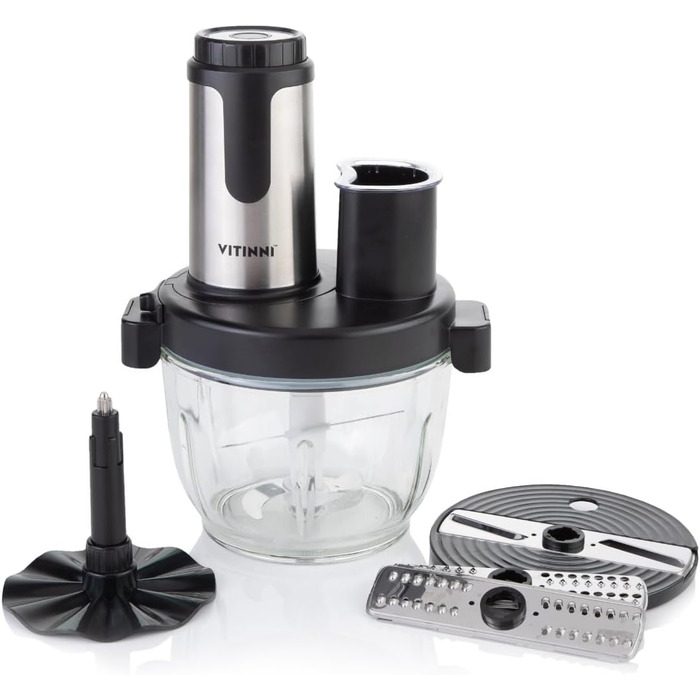 Кухонний комбайн Vitinni, скляна чаша 2 л, нарізка, подрібнення, пюре, подрібнення, тертка, просте управління одним натисканням кнопки, універсальний подрібнювач овочів, фруктів і м'яса, 350 Вт