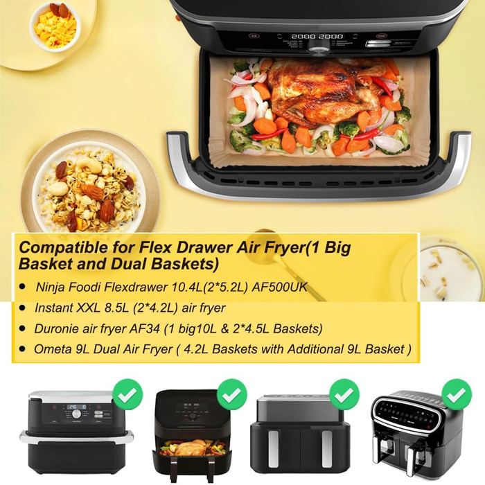 Папір для випічки BYKITCHEN 210 шт. для фритюрниці Шухляда Ninja Flex AF500EU подвійна зона, аксесуари для фритюрниці 10,4 л для Ninja Foodi AF500EU AF500EUCP, також сумісний із великим папером для випічки Cecotec Dual 9000 9 л