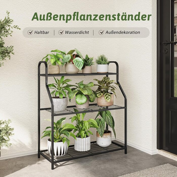 Підставка для рослин Bamworld, чорний метал, всепогодна полиця для рослин для використання в приміщенні та на вулиці, стіл для посадки квітів та трав, міцна 3-рівнева залізна підставка для квітів