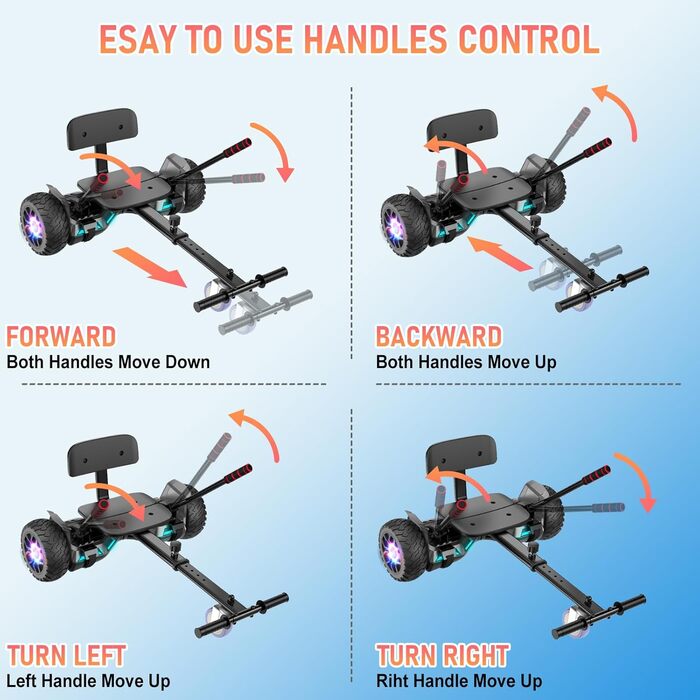 Самокат SISIGAD з кріпленням сидіння – ховерборд-картинг 8,5 дюйма з різнокольоровими світлодіодними ліхтарями та Bluetooth, для дітей, хлопчиків, дівчаток та дорослих будь-якого віку