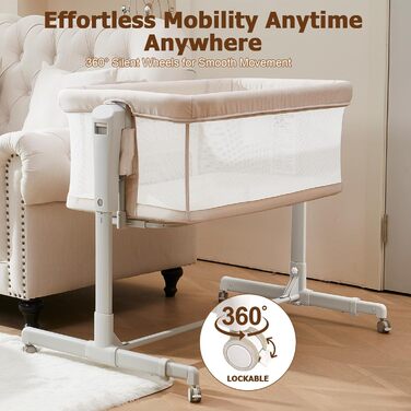 Дитяча колиска 3-в-1 &quotПоруч зі мною&quot для новонароджених, ліжко-гойдалка з бічним ліжком, дихаючою сіткою та безшумними поворотними колесами на 360 з фіксатором, регульована на 6 рівнів висоти, вівсянка