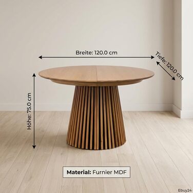 Обідній стіл ebuy24 Tokyo з 2 розсувними листами Ø120x120 до 160-200 см, дубовий шпон. Розсувний круглий обідній стіл, розсувний круглий стіл, розсувний овальний обідній стіл, натуральний дуб 120 см