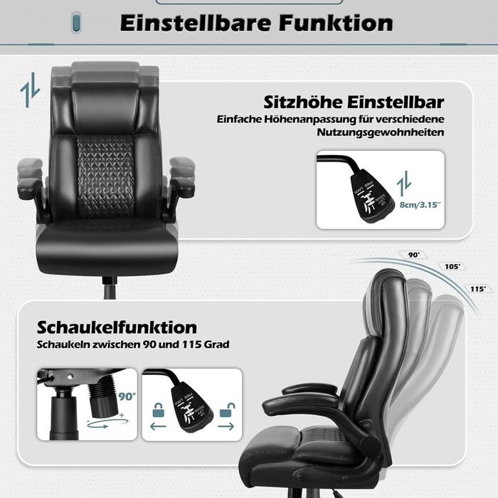 Ергономічне офісне крісло Waleaf з високою спинкою та функцією гойдання, відкидні підлокітники, регульоване по висоті поворотне крісло з колесами для офісу, дому, чорне