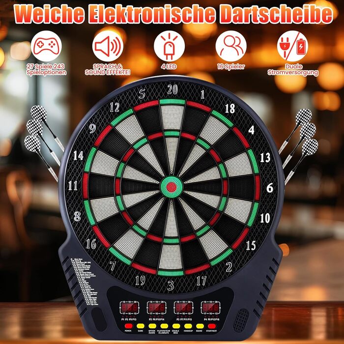 Електронна мішень для дартсу на 16 гравців, електронний дартс-машина з 4 РК-дисплеями, 6 дротиками та 24 головками для дротиків, 27 іграми з 243 ігровими опціями, професійна електронна гра в дартс, чорний колір