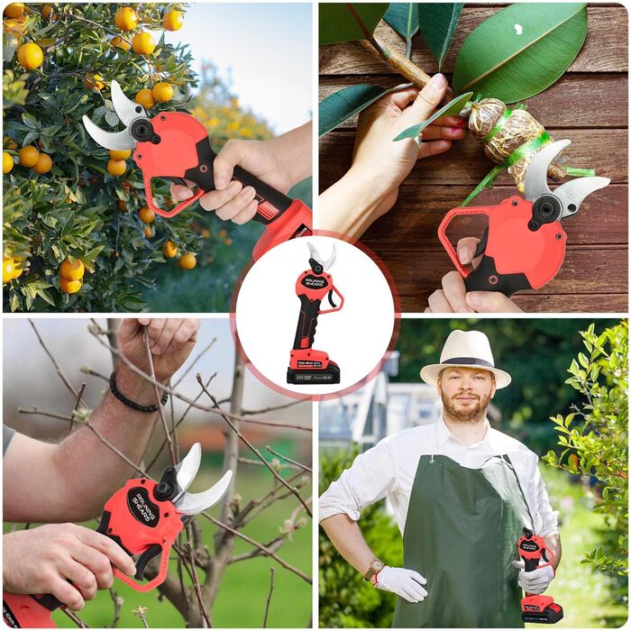 Бездротові електричні секатори 40 мм Електричні секатори з 2 акумуляторами ємністю 3000 мАг, SK5 із запобіжним блокуванням, підходять для садів, гілок та клумб (червоні)