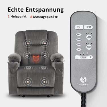 Електрично регульоване крісло для телевізора 7008, Крісло-реклайнер з функцією відкидання, Крісло для телевізора з функцією масажу та підігріву, USB та підсклянник, Вітальня (Тканина, сірий) Тканина сірого кольору
