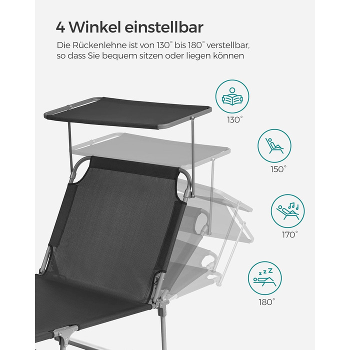 Великий складаний шезлонг SONGMICS, 200 x 71 x 38 см, вантажопідйомність 150 кг, з сонцезахисним тентом та регульованою спинкою, для саду, басейну, тераси, темно-сірий GCB22GYV2 антрацит