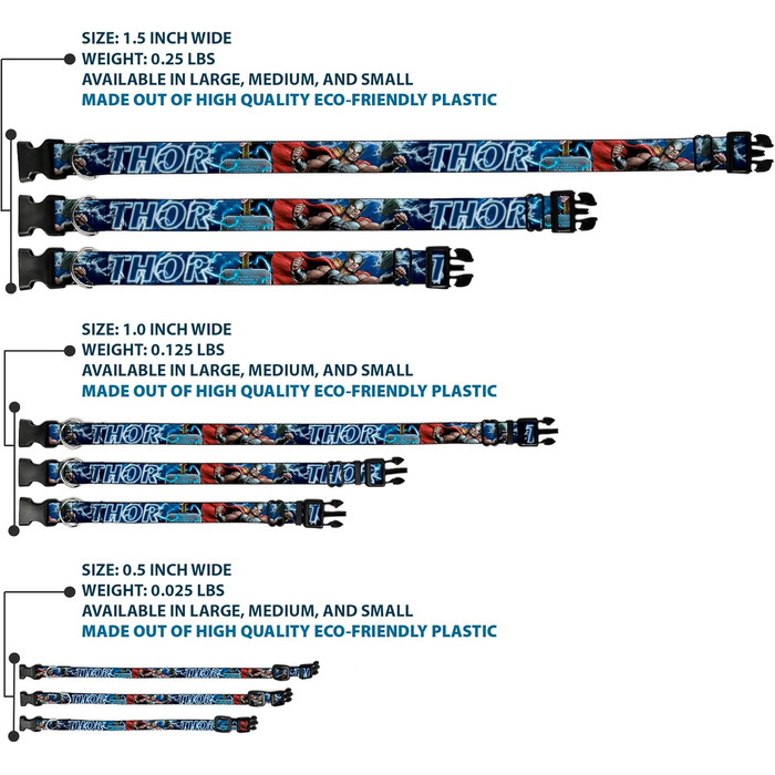 Нашийник для собак, пластиковий, Месники, Тор, Молот, в динамічній позі, Галактика, Синій, Білий, ширина 33-45,7 см, 1.5 см - підходить для обхвату шиї 33-46 см, розмір S