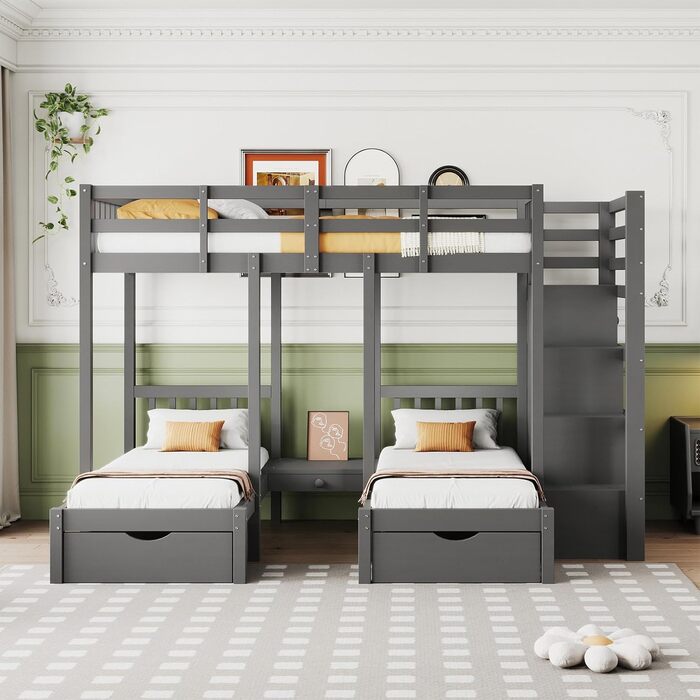 Двоярусне ліжко Billg 200x90 см для 3 дітей, дитяче ліжко із захистом від падіння, ліжко-горище з висувними ящиками, тумбочками і