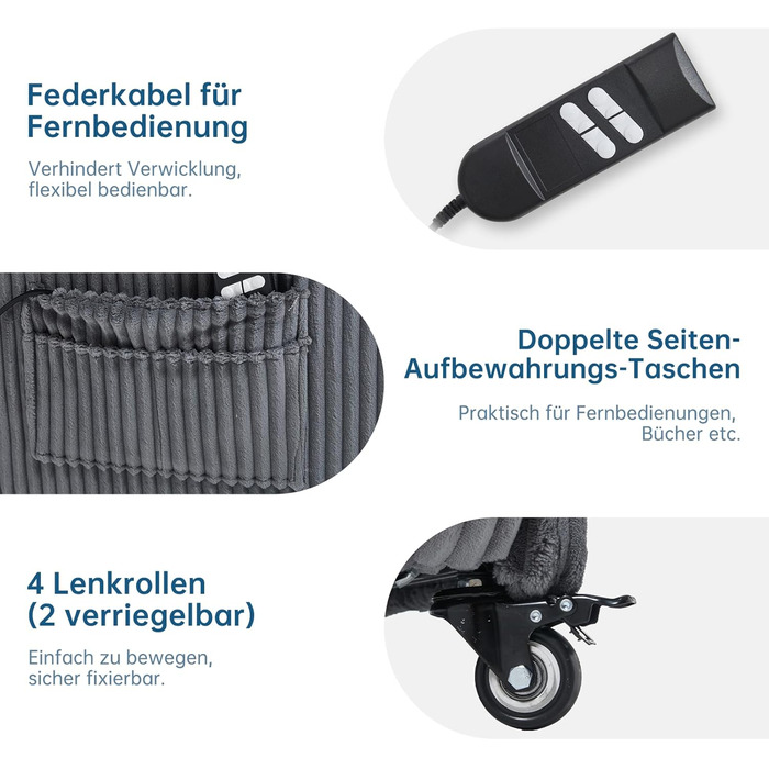 Моторне електричне крісло-реклайнер, крісло для телевізора з функцією відкидання, крісло для телевізора у вітальні з колесами, регульована спинка та підставка для ніг, 2 бічні кишені, вельветовий диван, темно-сірий, 2-