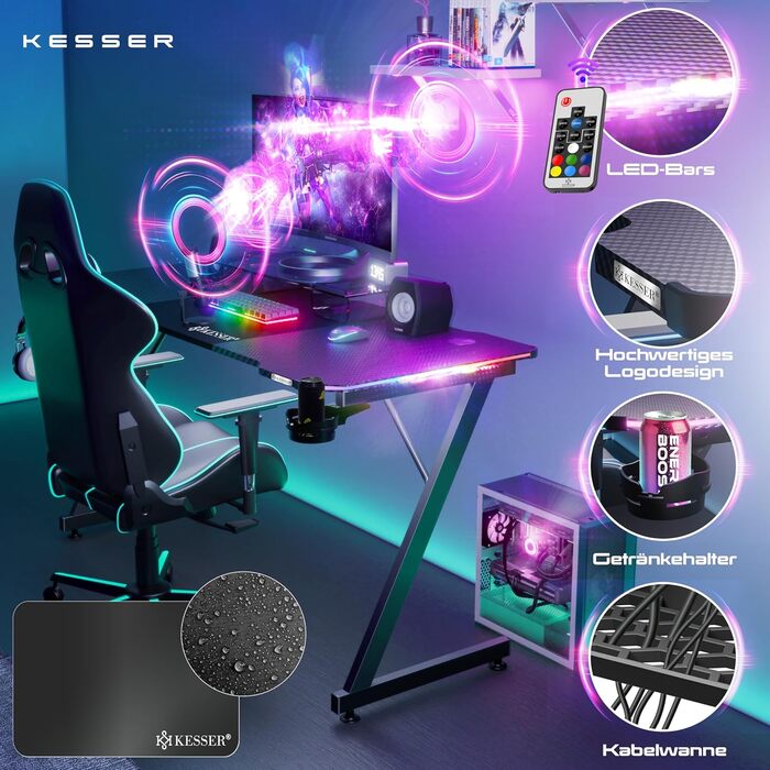 Ігровий стіл KESSER зі світлодіодним освітленням, 160 см x 60 см Z-подібний ігровий стіл Кріплення для навушників та вуглецеве покриття Ергономічний комп&39ютерний стіл Міцний стіл з підсклянником, чорний, 160 x 60 см, вуглецеве покриття зі світлодіодним 