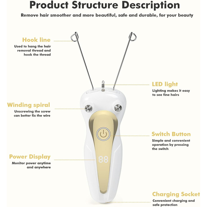 Електричний нитковий епілятор Жіночий електричний нитковий епілятор Засіб для видалення волосся на обличчі для жінок Фізичний нитковий епілятор для волосся Епілятор для жінок Епілятор для обличчя для рук і ніг (золото)