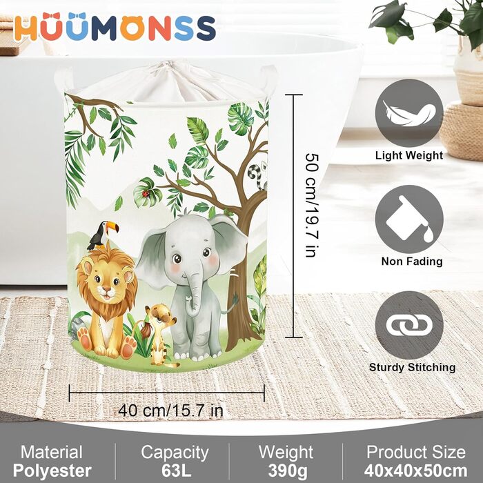 Милий лісовий кошик для білизни з тваринами, великий кошик для зберігання одягу, іграшок та одягу для дому/вуличного використання, слон, 63 л