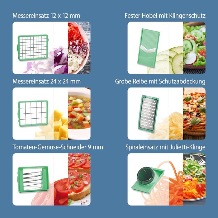 Фруктова нарізка, Овочева нарізка, Цибульна нарізка, Подрібнювач, Овочева нарізка, Мандоліна, Зелений, 15 шт., )