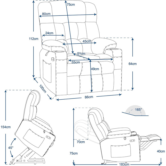 Крісло-реклайнер для телевізора M MCombo з електричним підйомником, 3 двигуни, окремо регульована спинка та підставка для ніг, крісло-реклайнер з функцією горизонтального положення до 165, регульований підголівник, 7546 (тканина, сірий)