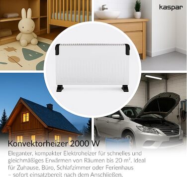 Конвекторний радіатор KASPAR з термостатом та 3 режимами нагріву, електричний обігрівач потужністю 750/1250/2000 Вт, білий