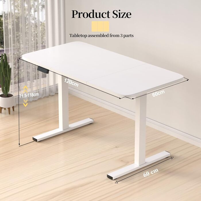 Електрично регульований по висоті стіл 120x60 см з функцією пам&39яті та портом зарядки USB, ергономічний стіл з регульованою висотою для роботи сидячи та стоячи, білий, для домашнього офісу, 120 x 60 см
