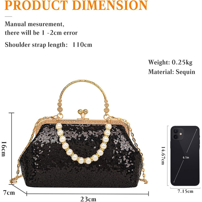 Вечірня сумочка з паєтками, ручної роботи. Перлинний клатч для весілля, розкішна сумочка для нареченої. Елегантна сумка на ланцюжку через плече, блискучий гаманець. Чорний колір.