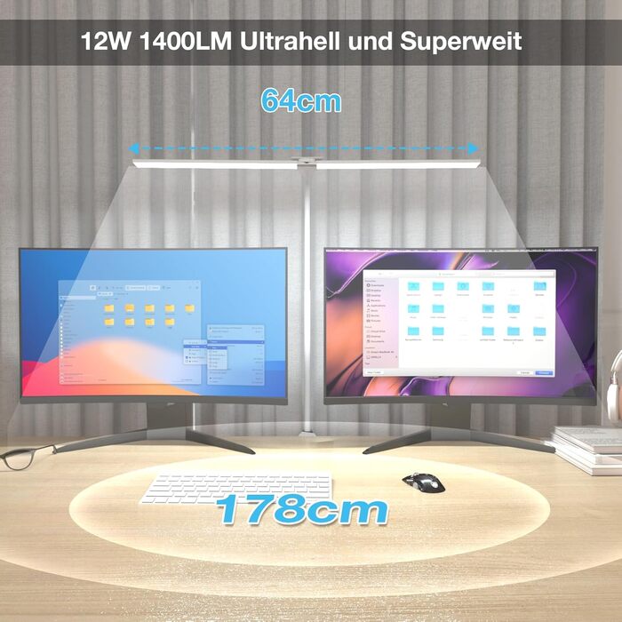 Настільна лампа Hensam LED з регулюванням яскравості, настільні лампи з подвійною головою 1400 лм, офісна лампа з гусячою шиєю для дому та студії, CRI83, 5 рівнів яскравості колірної температури (білий, сенсорне керування)
