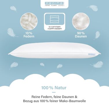 Подушка Regina Home з 3 камерами - 40x80 см - Ергономічна подушка для шиї з 10 пір&39я та 90 пуху - Можна прати та підходить для алергіків - 100 бавовна, 3 камери, 40 x 80 см