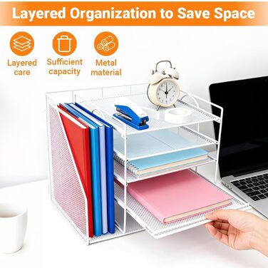 Настільний органайзер з тримачами для файлів, 5-ярусний сітчастий тримач для файлів, сітчастий офісний органайзер, настільний органайзер та місце для зберігання канцелярського приладдя, лоток для документів A4, білий