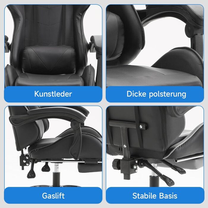 Ергономічне ігрове крісло, офісне крісло з регульованою висотою та функцією відкидання (чорне)