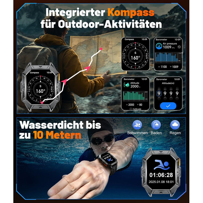 Чоловічий військовий смарт-годинник, 2.13-дюймовий AMOLED з 256 МБ, акумулятор 1000 мАг, барометр/альтиметр/компас, смарт-годинник з функцією телефону, понад 100 спортивних режимів, фітнес-трекер, водонепроникність 10 атм для Android та iOS TX1-EC