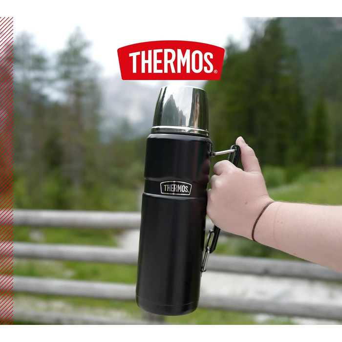 Термос THERMOS STAINLESS KING, матово-чорний, 1,20 л - нержавіюча сталь, герметичний, з чашкою для пиття та ручкою, 12 годин гарячої та 24 години холодної води, можна мити в посудомийній машині, без BPA