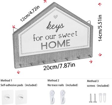 Дерев'яна ключниця Echehi з 7 гачками, самоклеюча або свердлильна, двостороння установка, ключниця, ключниця для дому (сіра) 7 сір