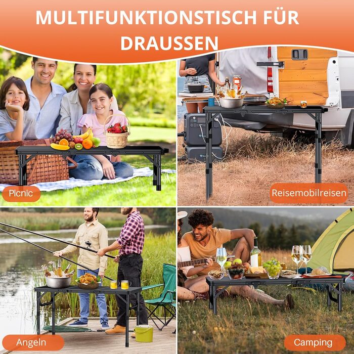 Складаний кемпінговий стіл FUNYKICH з 3 регульованими висотами (26/48/70 см), портативний алюмінієвий стіл для гриля, для вулиці 87x40 см, панелі МДФ, багатофункціональний стіл-валіза для пікніків, кемпінгу, балкону, чорний 87 x 40 x 26/48/70 см
