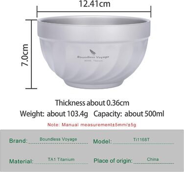 Двостінні титанові миски 500 мл вівсянка, рис, суп, миска, надлегка портативна посуд для кемпінгу на свіжому повітрі (титановий колір) Ti1168T 500 мл Ti1168t