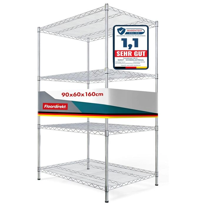 Кухонна полиця Floordirekt, дротяна полиця, металева полиця Вантажопідйомність приблизно 70 кг на полицю Багатофункціональна полиця для зберігання, полиця для ванної кімнати, складська полиця, полиця для підвалу Хромована (90x60x160 см 4 полиці) Everest 9