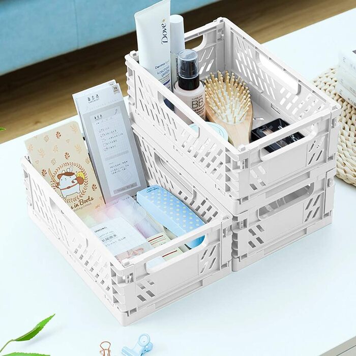 Складані пластикові коробки для зберігання, полиці-кошики, набір із 4 складних кошиків для зберігання, вставки для кухонних шухляд, штабелювані коробки для зберігання, транспортні коробки, контейнери для шаф, куби, домашній офіс, спальня, кухня - білі