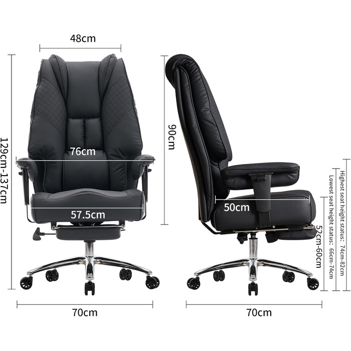 Міцне офісне крісло 180 кг - крісло керівника XXL, ергономічне (велике та високе), пружинний каркас кишенькового типу 14 см (комфорт дивана), робоче крісло зі штучної шкіри, висока спинка для домашнього офісу (чорне) Чорна штучна шкіра