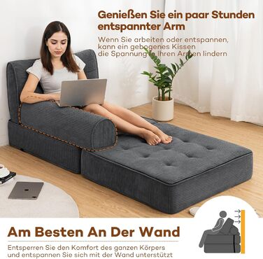 Розкладний диван-ліжко, що трансформується 3-в-1, диван-ліжко, крісло-ліжко з подушками, крісло-мішок, зручний диван-ліжко, підлоговий диван-гойдалка для спальні, вітальні, сірого кольору, 80 см, 80 x 80 см, сірий