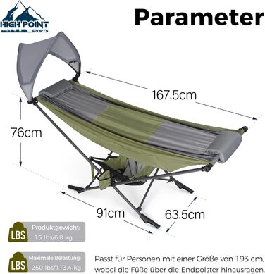 Гамак для кемпінгу HIGH POINT SPORTS, гамак для вулиці зі знімним сонцезахисним тентом, вантажопідйомність 250 фунтів, міцний портативний гамак з дорожньою сумкою для саду, приміщень, балкону, патіо, кемпінгу, зелений