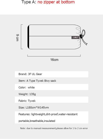 Чохол для спального мішка Tyvek, водонепроникний, мішок для бівуаку, кемпінговий мішок, вентильований, вологостійкий, зігріває будь-яку забруднену внутрішню підкладку, мішок для бівуаку, сірий, 3F UL GEAR