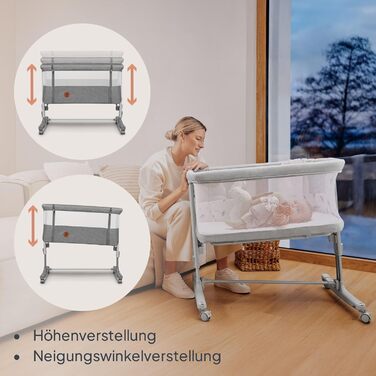 Дитяче ліжечко Lionelo Aurora 3-в-1 (до 9 кг), приліжкове ліжечко, колиска, регулювання висоти та нахилу матраца, 4 колеса з гальмами, ергономічний матрац, сумка для зберігання, сірий колір, великий розмір