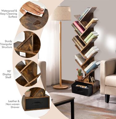 Рівнева книжкова полиця з шухлядою, книжкова полиця/полиця для CD/DVD у формі дерева, окремостояча полиця у формі дерева, перегородка для кімнати/полиця для файлів/полиця для зберігання, дерев&39яна, 38x20x149,5 см, вінтажний коричневий колір, 10-