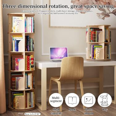Поворотна книжкова полиця, стояча полиця, 360 градусів, полиця для зберігання в бібліотеці, спальні, вітальні, багатофункціональна книжкова полиця з масиву дерева (5 полиць)