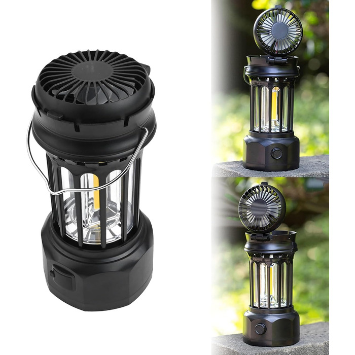 Ліхтар для кемпінгу, портативний багатофункціональний ліхтар з акумулятором 1200 мАг, складний вентилятор та зарядка через порт Type-C, 250 люмен, ABS хромоване залізо, чорний/білий