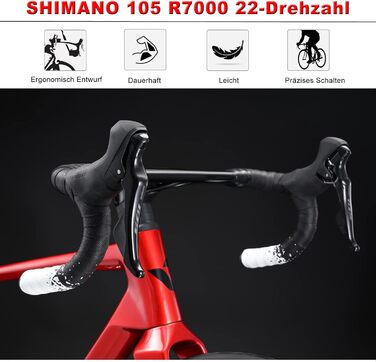 Шосейний/гравійний велосипед 28 дюймів з карбоновою рамою та вилкою, дисковими гальмами Shimano 22 швидкості, карбоновим кермом та підсідельним штирем для чоловіків та жінок, червоний, 53 см