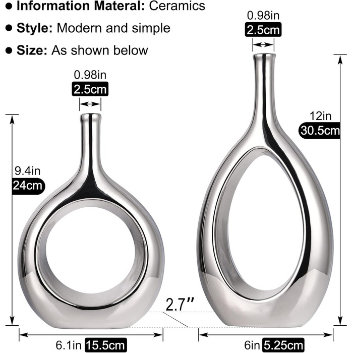 Срібна ваза, блискучий еліпс, маленькі вази, сучасні мінімалістичні срібні вази, декоративні, прикраса для дому, набір керамічних ваз, ідеальна прикраса полиці, камінна полиця, вхідна зона