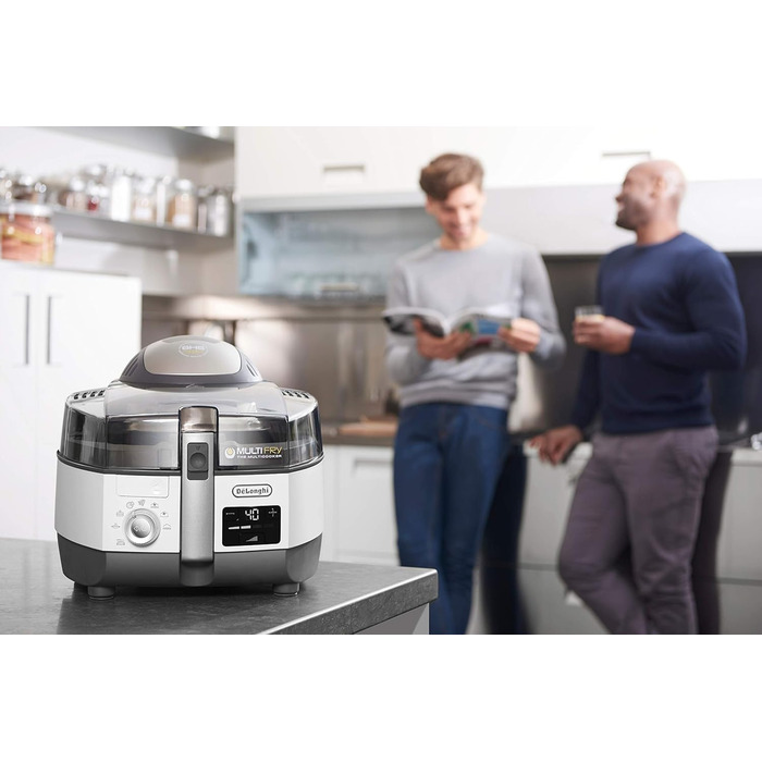 Аерофритюрниця De'Longhi MultiFry Extra Chef Plus FH1396, мультиварка місткістю 1,7 кг, 8 програм приготування, система конвекції з 2 нагрівальними елементами, функція гриля, додаток Recipe, 2300 Вт, білий 8 програм