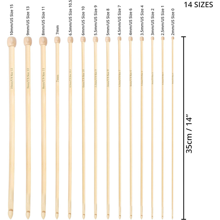 Розмірів) Гачок для вязання гачком Bamboo 35 см кожен Розміри 2 мм - 10 мм Гачки для вязання гачком Bamboo Crochet Hook Set Дерево для вязання гачком для початківців і професіоналів, 14
