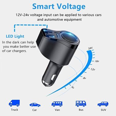 Автомобільний зарядний пристрій 4 в 1 PD 3.0 Прикурювач USB-дистриб'ютор Автомобільний зарядний пристрій 12 В 168 Вт Швидка зарядка Міні-USB-адаптер Роз'єм для iPhone 15 14 13 12 11 8 Samsung S24 S23 Huawei GPS відеореєстратор Чорний