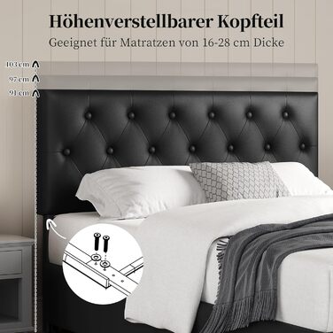 Ліжко Yaheetech з м&39якою оббивкою 140 x 200 см, двоспальне ліжко з 2 шухлядами, узголів&39ям з регульованою висотою, м&39яке ліжко з рейковою основою, багато місця для зберігання, чорний колір