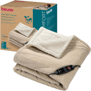 Ковдра Beurer HD 80 Cord бежевого кольору з підігрівом, м&39яка зігрівальна ковдра з 6 температурними режимами, з перероблених матеріалів, з автоматичним вимкненням та системою безпеки, м&39яка ковдра виготовлена з модної, м&39якої вельветової тканини.