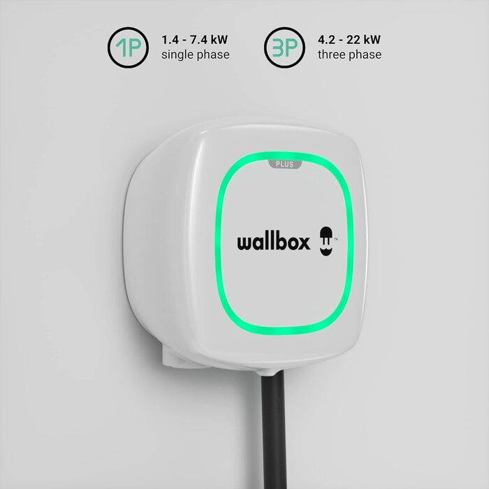 Зарядний пристрій Wallbox Pulsar Plus для електромобілів. З регульованою потужністю до 22 кВт. Зарядний кабель типу 2, підключення