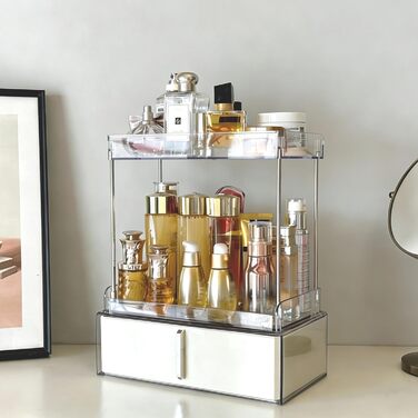 Рівневий органайзер для макіяжу Kousee з шухлядою зберігання косметики, великий органайзер для туалетного столика, місце для зберігання у ванній кімнаті з протиковзким дизайном (кремовий), 3-